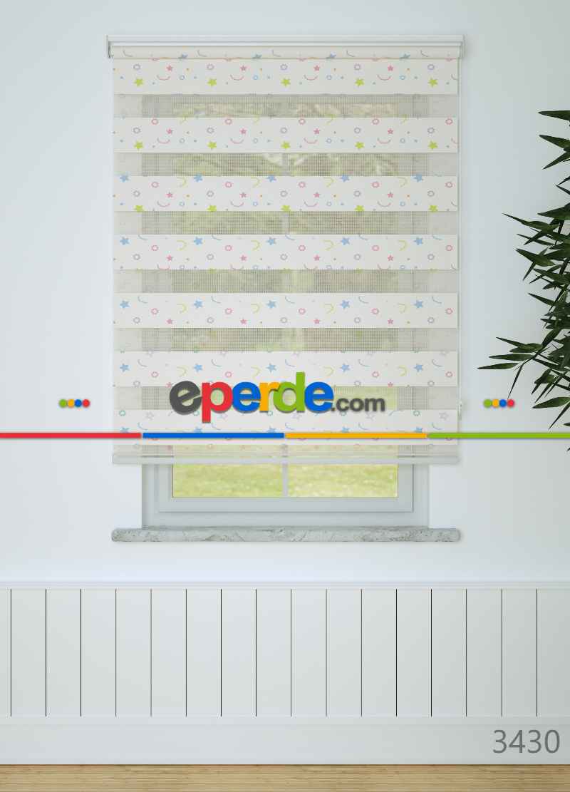 Bebek Odası - Mavi Yeşil Minik Yıldız Desenli Baskılı Zebra Perde