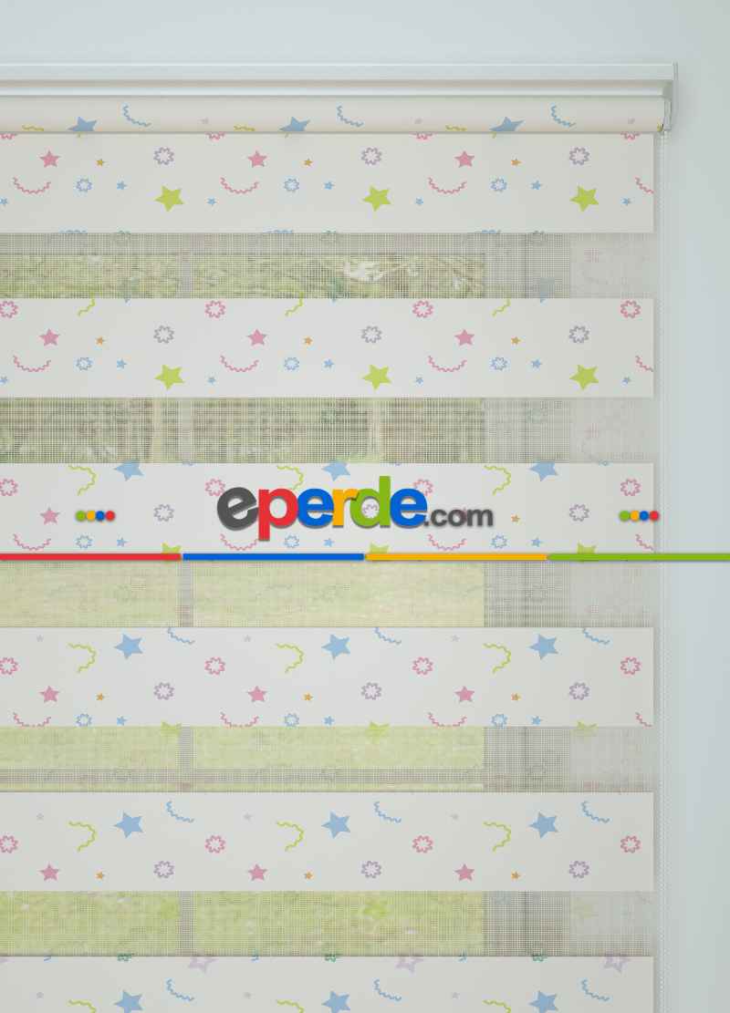 Bebek Odası - Mavi Yeşil Minik Yıldız Desenli Baskılı Zebra Perde