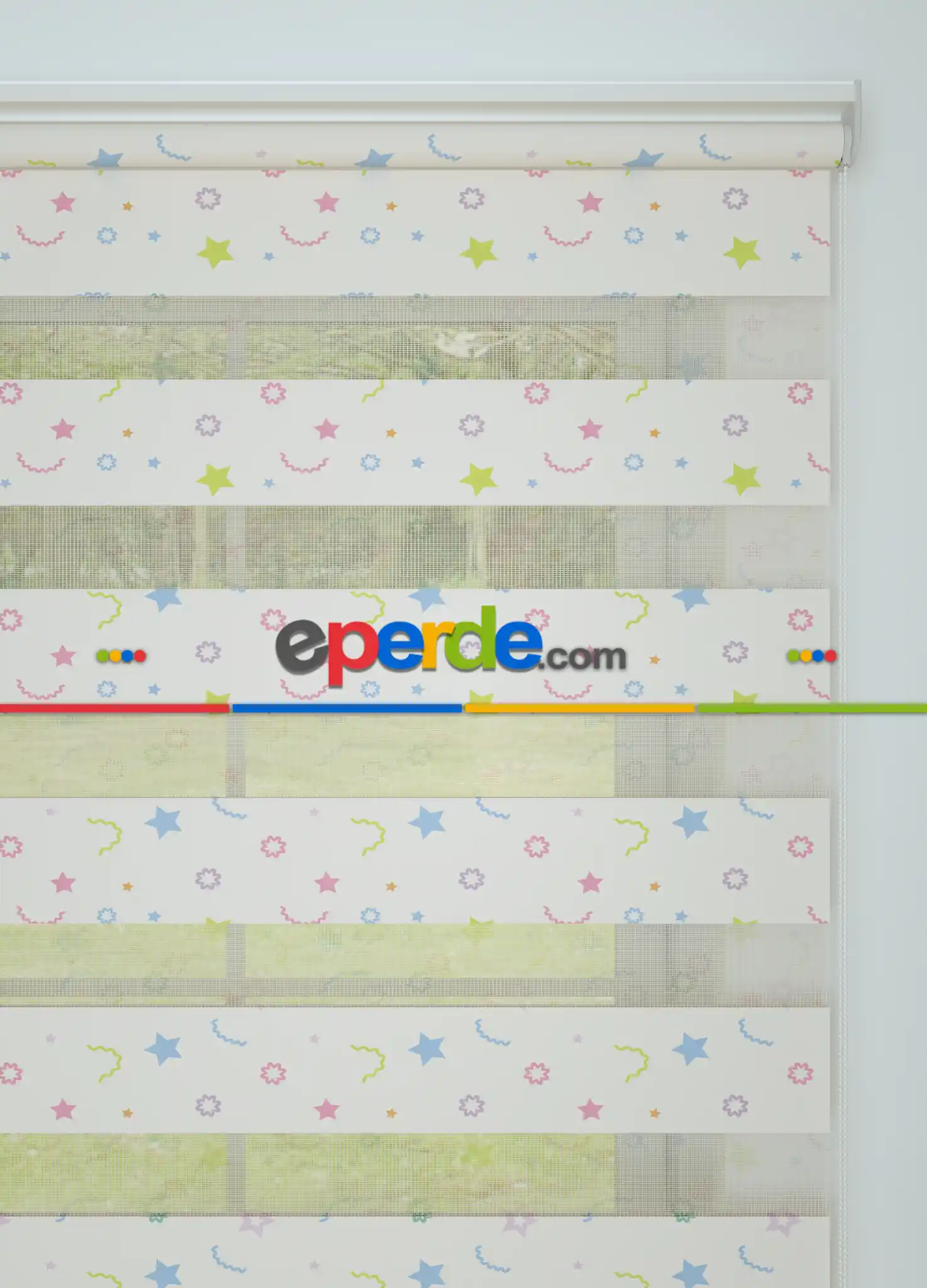 Mavi Yeşil Minik Yıldız Desenli Baskılı Zebra Perde