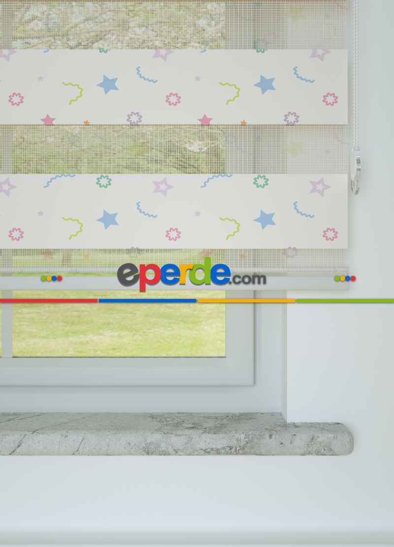 Bebek Odası - Mavi Yeşil Minik Yıldız Desenli Baskılı Zebra Perde