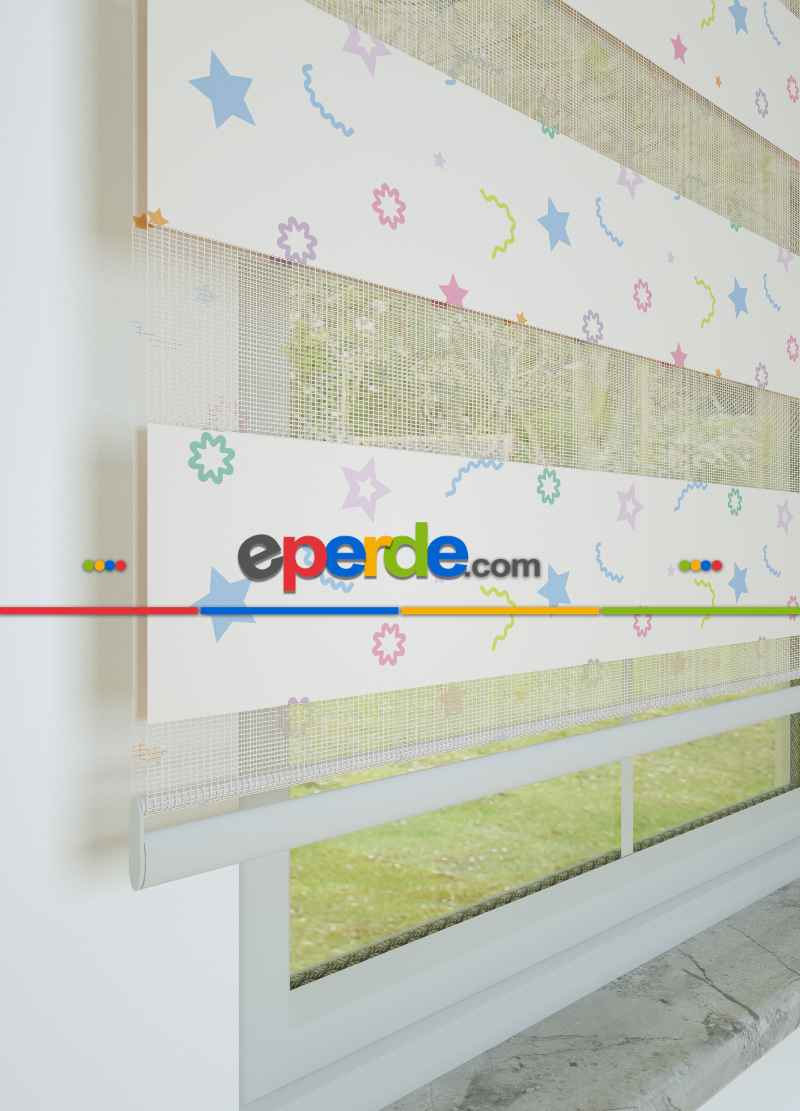 Bebek Odası - Mavi Yeşil Minik Yıldız Desenli Baskılı Zebra Perde