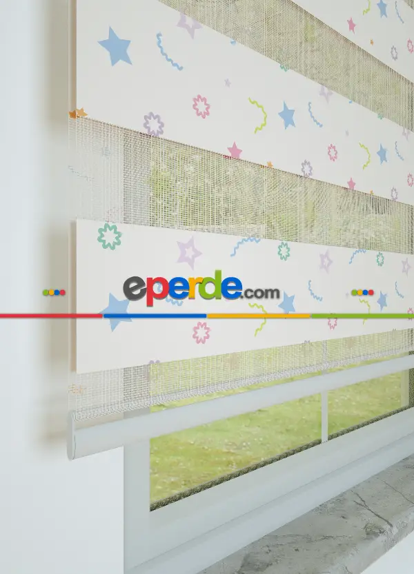 Mavi Yeşil Minik Yıldız Desenli Baskılı Zebra Perde