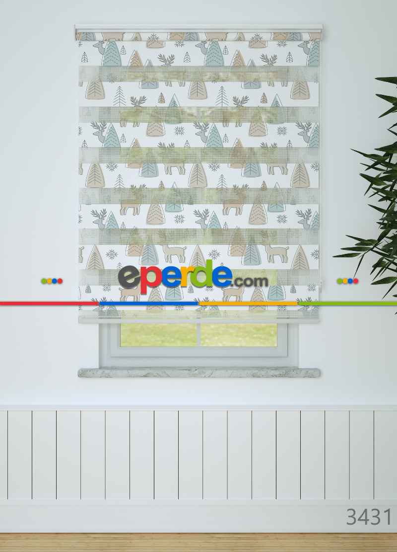 Çocuk Odası - Yeşil Geyik Ve Ağaç Desenli Baskılı Zebra Perde