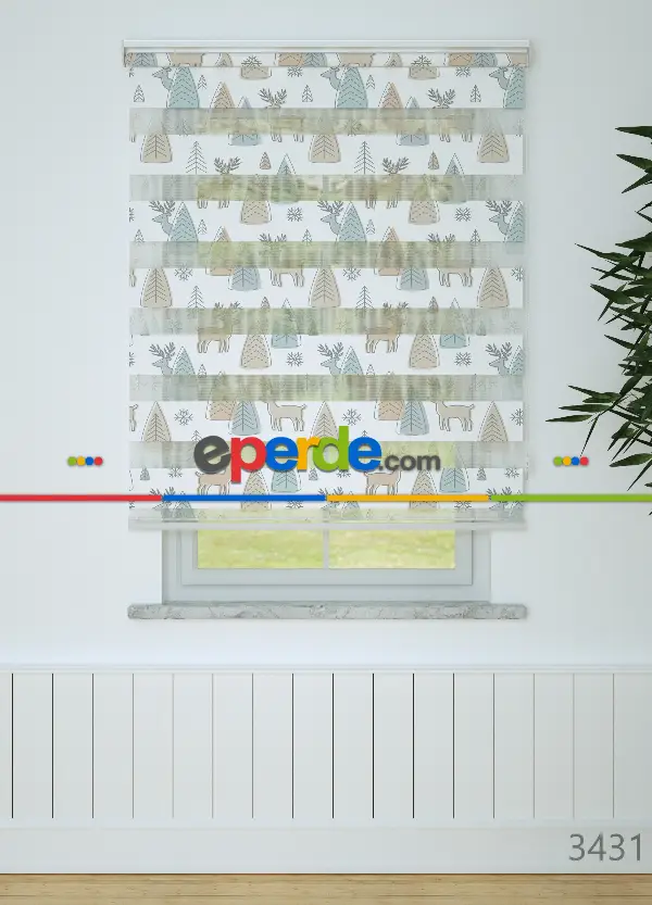 Yeşil Geyik Ve Ağaç Desenli Baskılı Zebra Perde