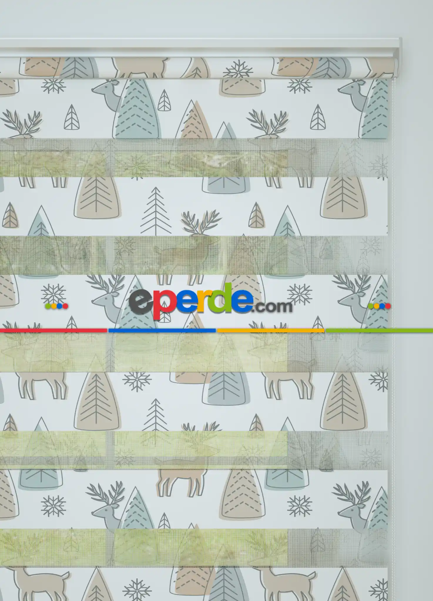 Yeşil Geyik Ve Ağaç Desenli Baskılı Zebra Perde