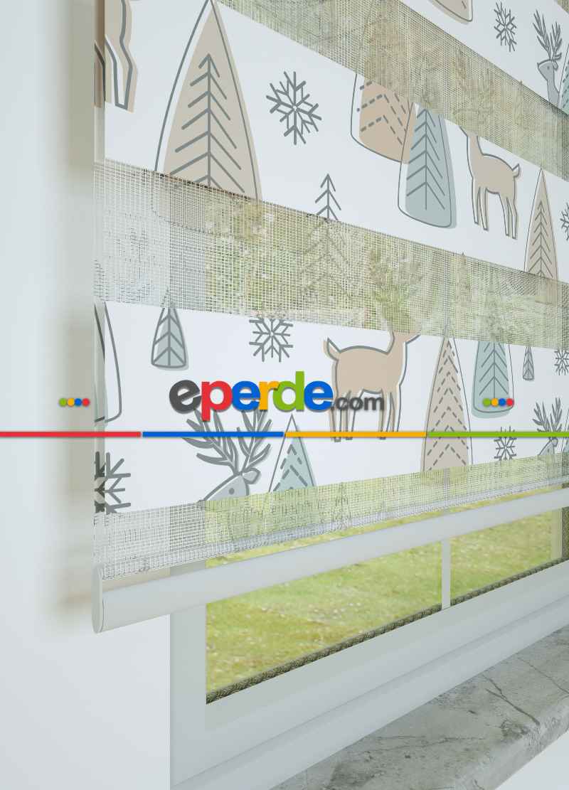 Çocuk Odası - Yeşil Geyik Ve Ağaç Desenli Baskılı Zebra Perde