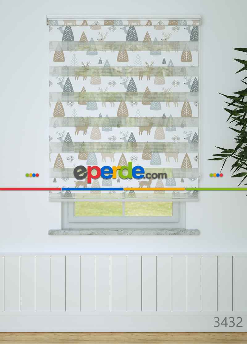 Çocuk Odası - Mavi Ağaç Ve Geyik Desenli Baskılı Zebra Perde