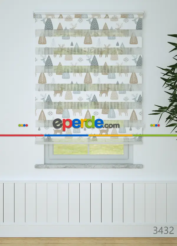 Çocuk Odası - Mavi Ağaç Ve Geyik Desenli Baskılı Zebra Perde