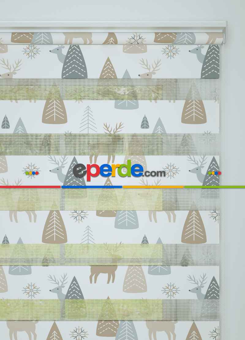 Çocuk Odası - Mavi Ağaç Ve Geyik Desenli Baskılı Zebra Perde