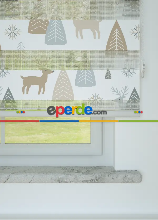 Çocuk Odası - Mavi Ağaç Ve Geyik Desenli Baskılı Zebra Perde