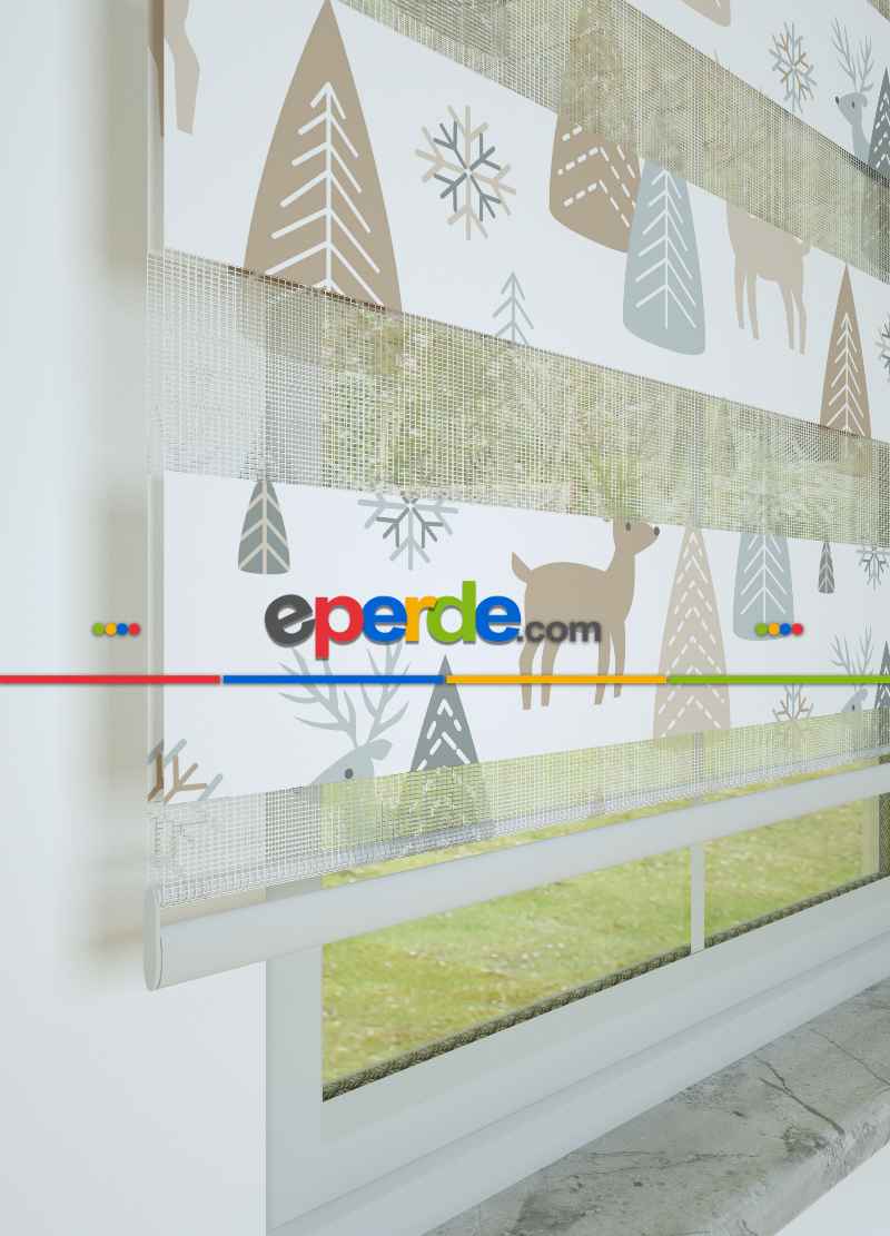 Çocuk Odası - Mavi Ağaç Ve Geyik Desenli Baskılı Zebra Perde