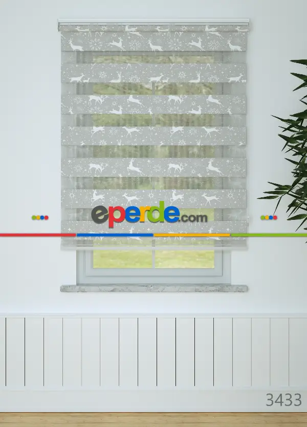 Gri Geyik Desenli Baskılı Zebra Perde