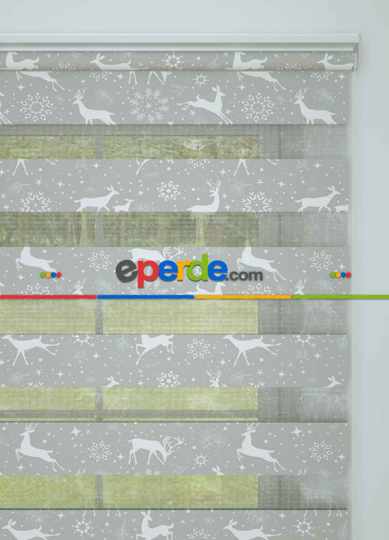 Çocuk Odası - Gri Geyik Desenli Baskılı Zebra Perde