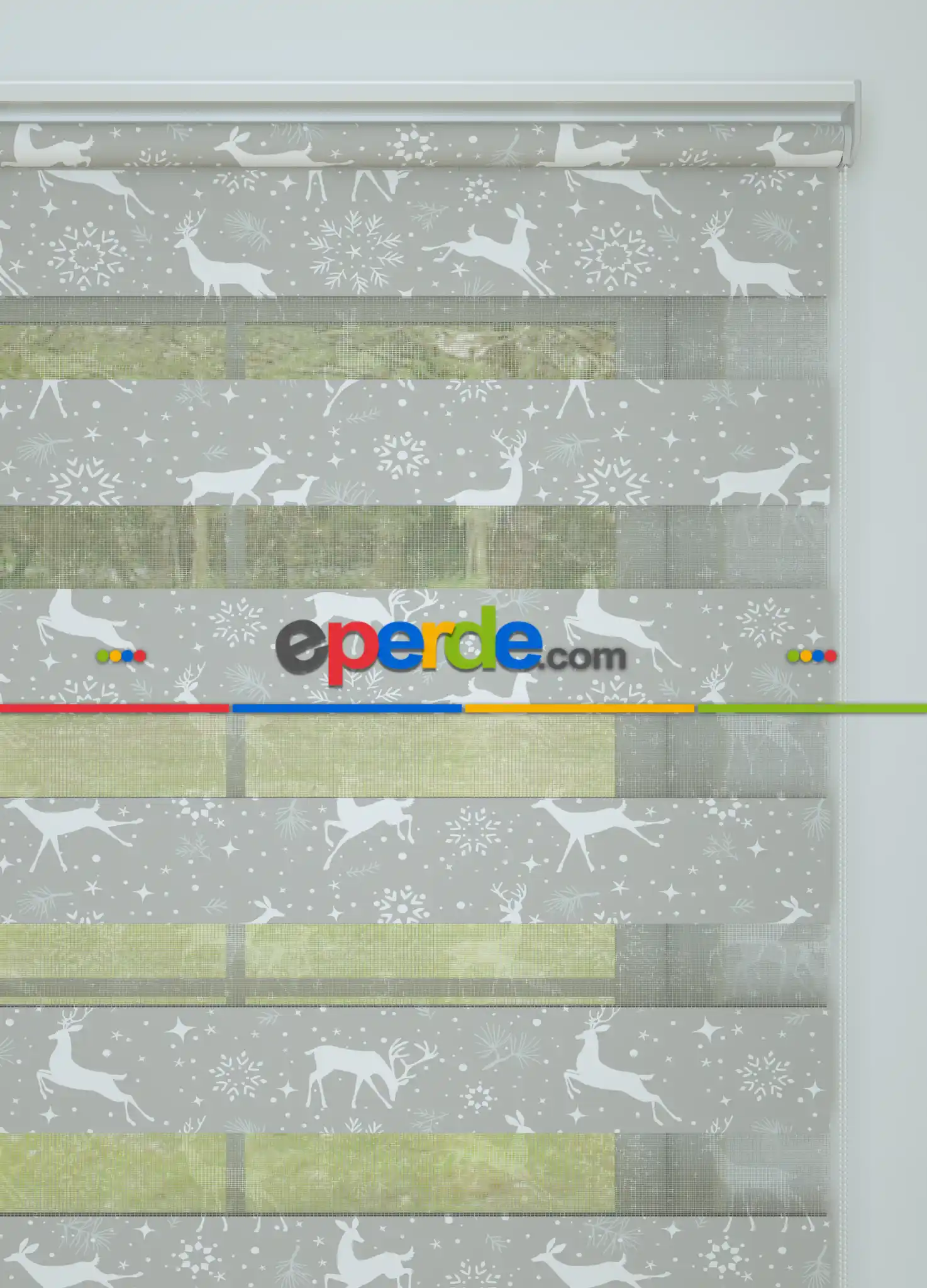Gri Geyik Desenli Baskılı Zebra Perde