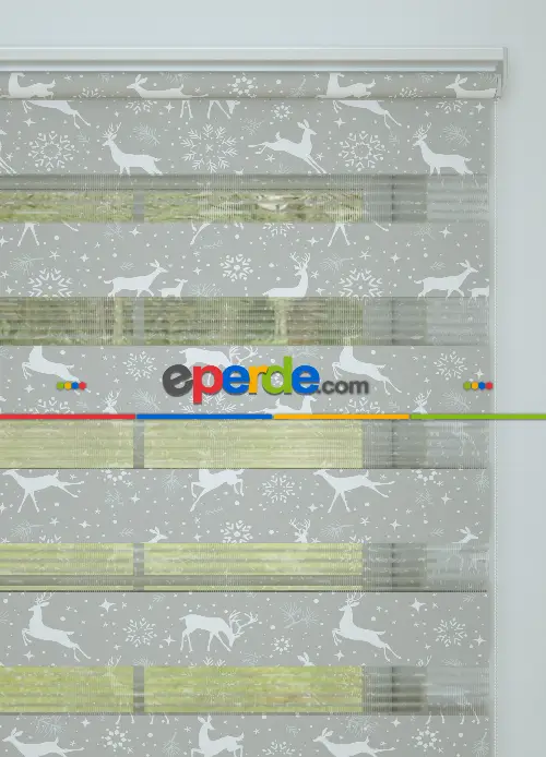 Gri Geyik Desenli Baskılı Zebra Perde