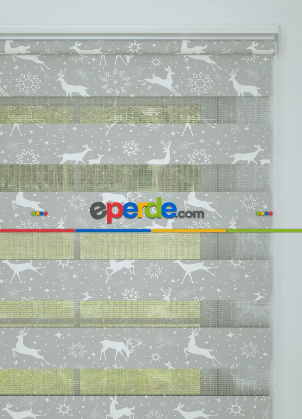 Gri Geyik Desenli Baskılı Zebra Perde