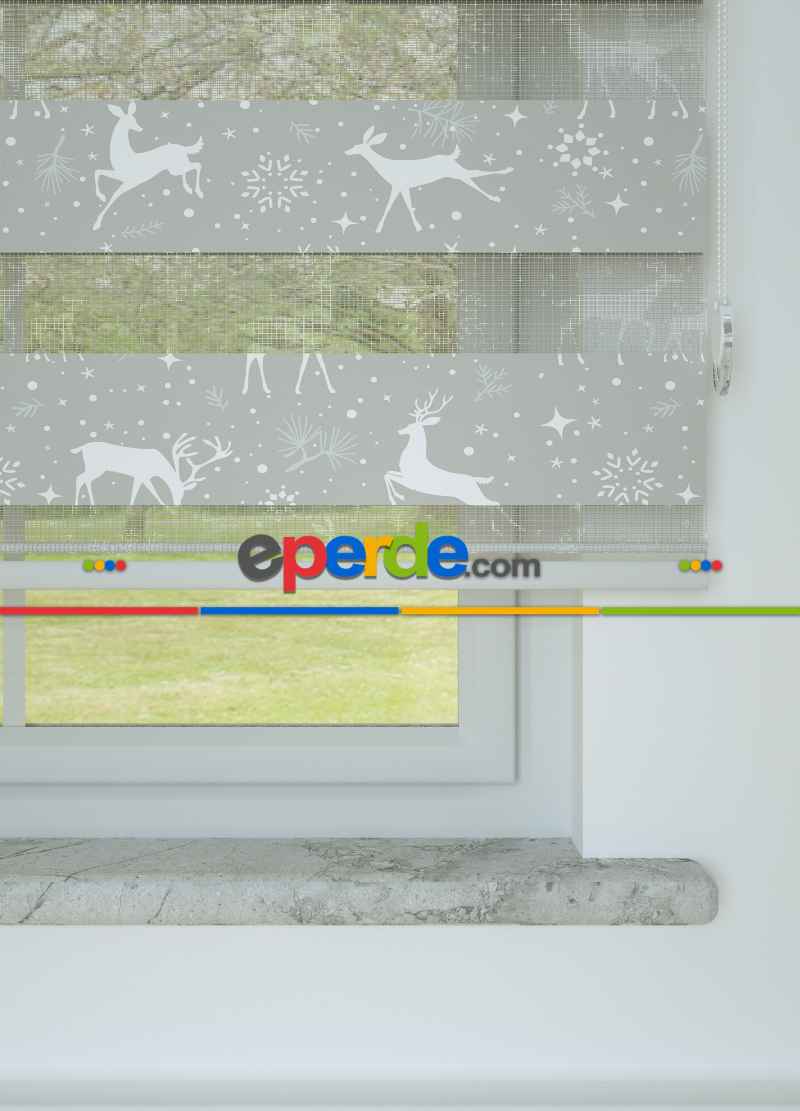 Çocuk Odası - Gri Geyik Desenli Baskılı Zebra Perde