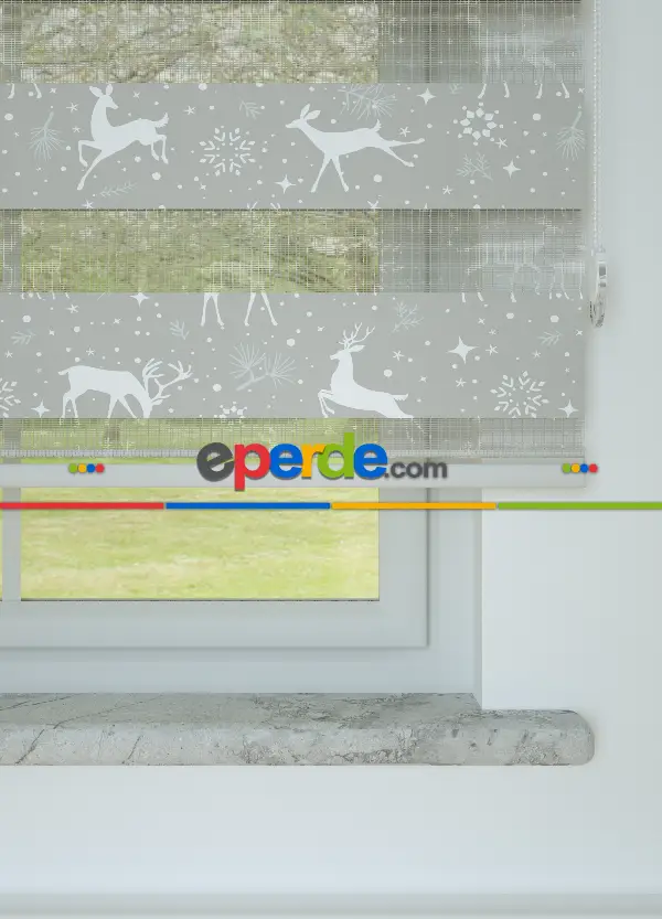 Gri Geyik Desenli Baskılı Zebra Perde