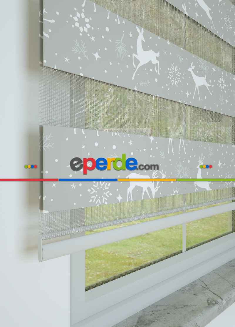 Çocuk Odası - Gri Geyik Desenli Baskılı Zebra Perde