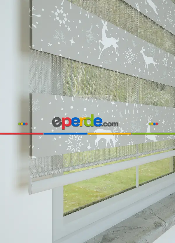 Gri Geyik Desenli Baskılı Zebra Perde
