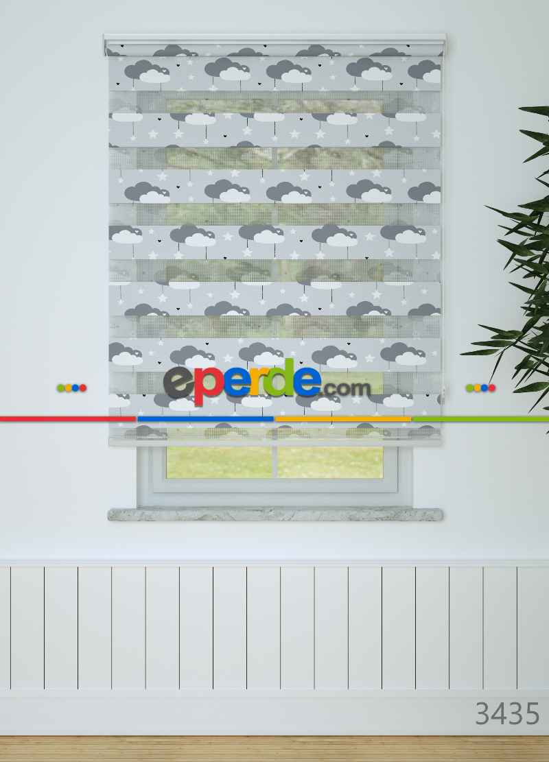 Bebek Odası - Mavimsi Gri Bulut Ve Yıldız Desenli Baskılı Zebra Perde