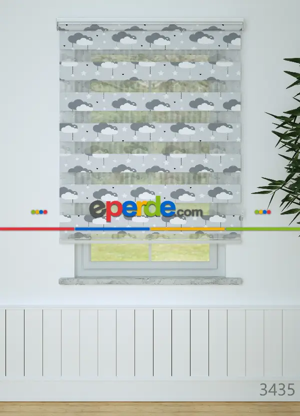 Mavimsi Gri Bulut Ve Yıldız Desenli Baskılı Zebra Perde