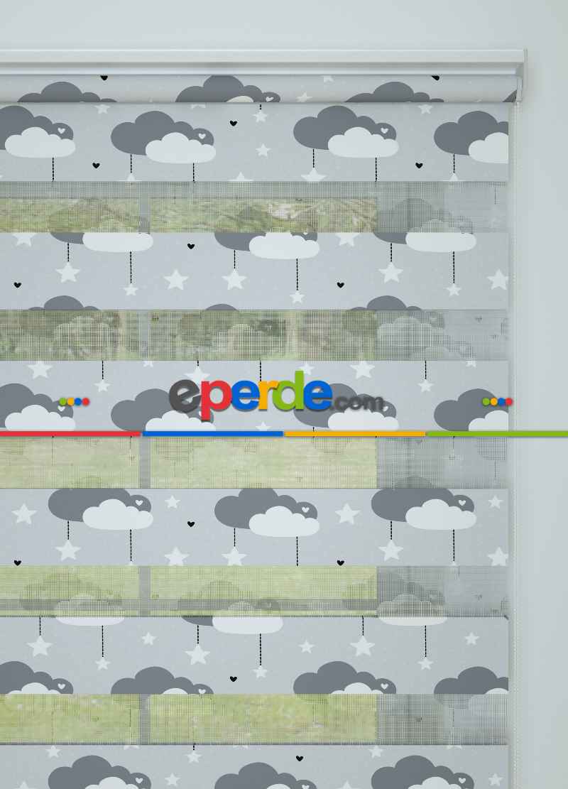 Bebek Odası - Mavimsi Gri Bulut Ve Yıldız Desenli Baskılı Zebra Perde