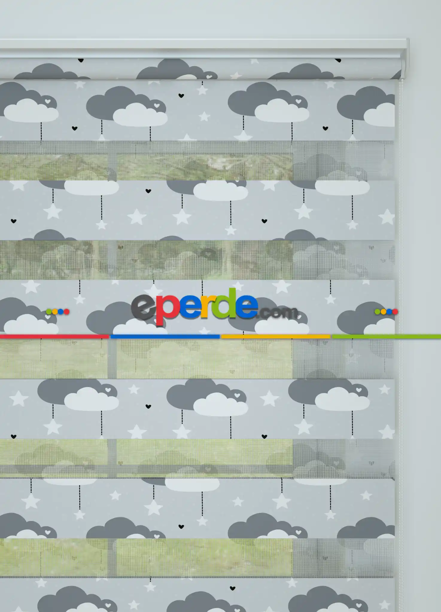 Çocuk Odası - Mavimsi Gri Bulut Ve Yıldız Desenli Baskılı Zebra Perde