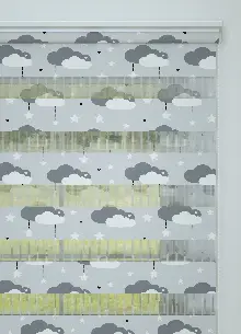 Çocuk Odası - Mavimsi Gri Bulut Ve Yıldız Desenli Baskılı Zebra Perde