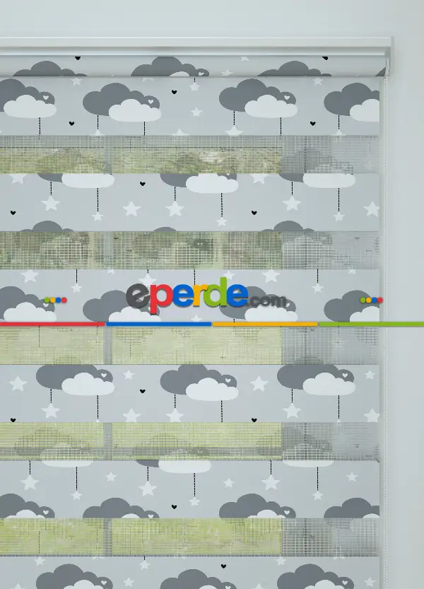 Mavimsi Gri Bulut Ve Yıldız Desenli Baskılı Zebra Perde