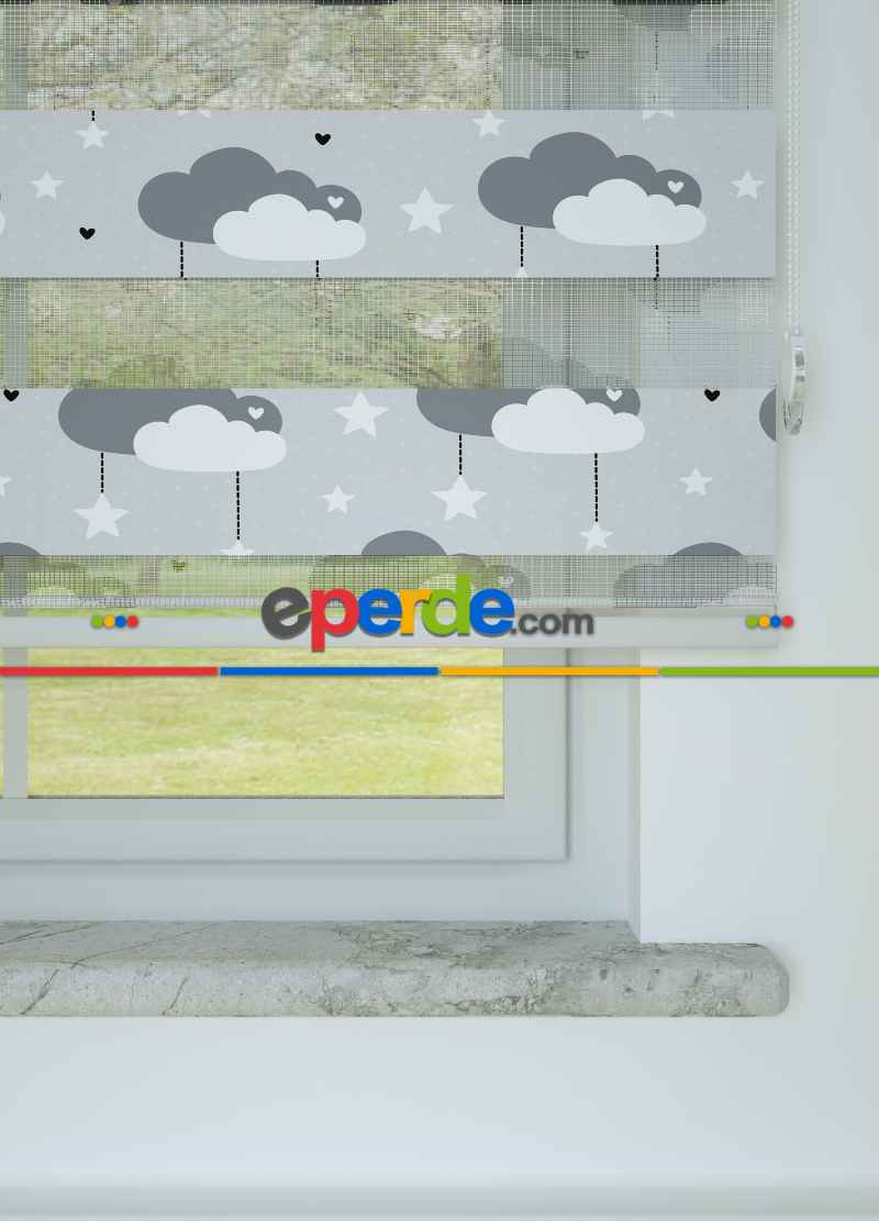 Bebek Odası - Mavimsi Gri Bulut Ve Yıldız Desenli Baskılı Zebra Perde