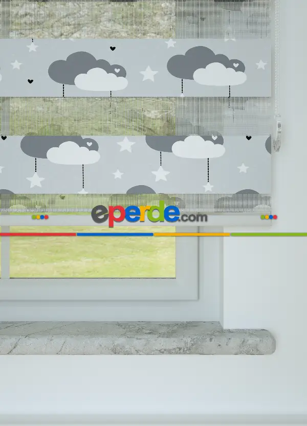 Mavimsi Gri Bulut Ve Yıldız Desenli Baskılı Zebra Perde