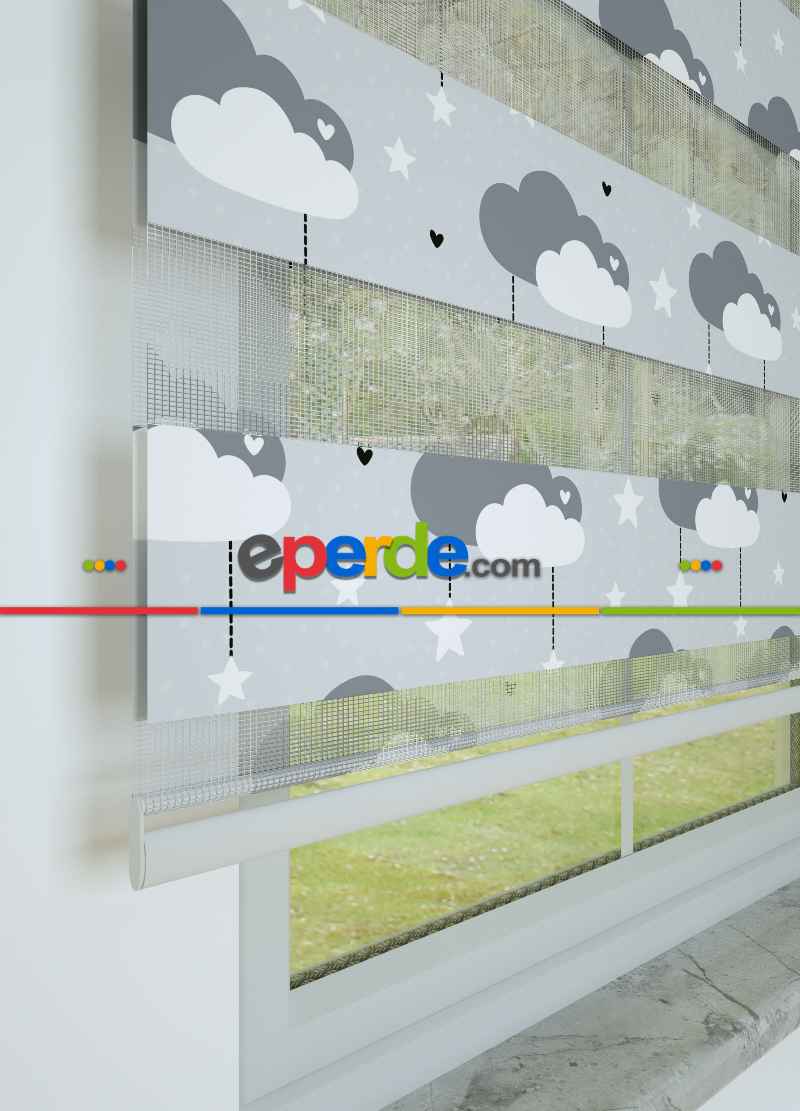 Bebek Odası - Mavimsi Gri Bulut Ve Yıldız Desenli Baskılı Zebra Perde