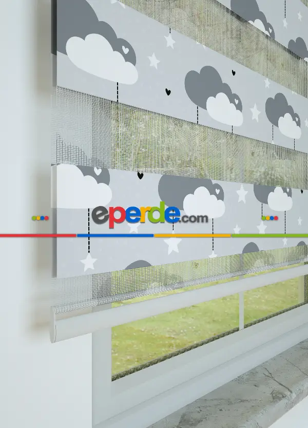 Mavimsi Gri Bulut Ve Yıldız Desenli Baskılı Zebra Perde