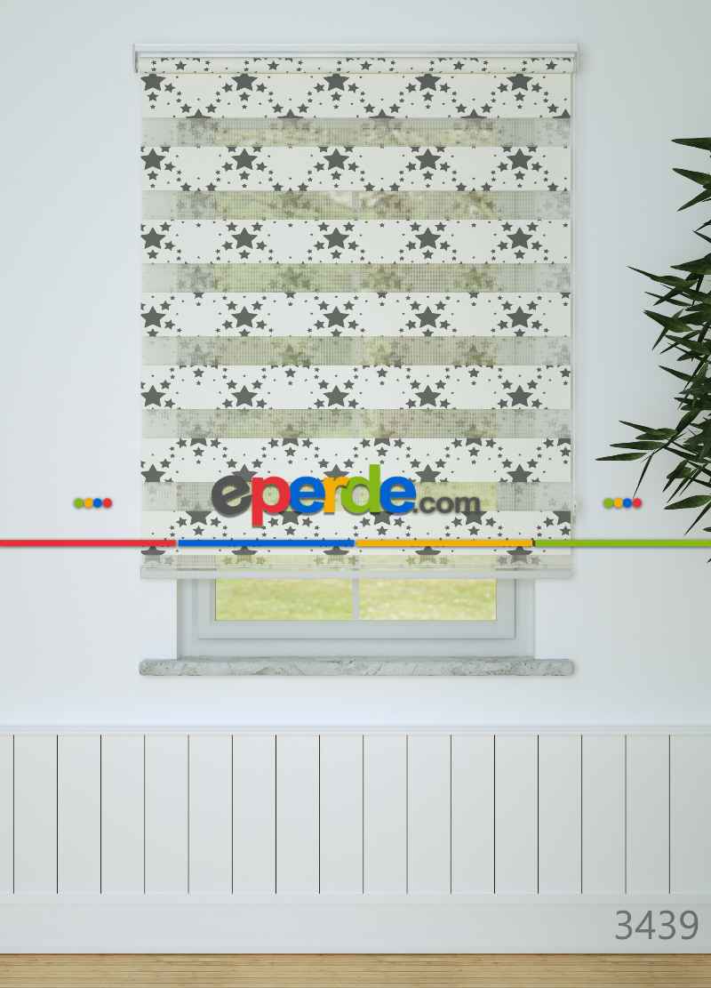 Bebek Odası - Krem Füme Yıldız Desenli Baskılı Zebra Perde