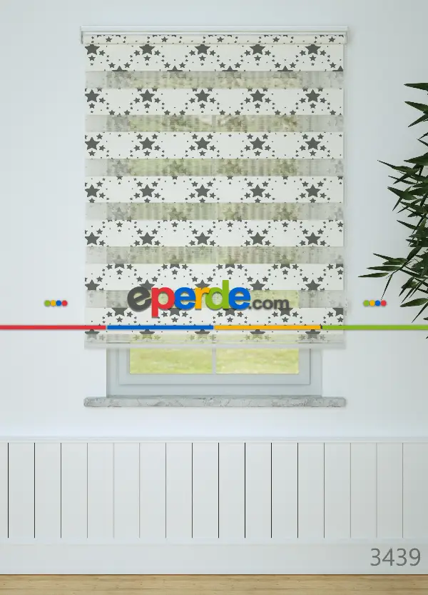 Bebek Odası - Krem Füme Yıldız Desenli Baskılı Zebra Perde