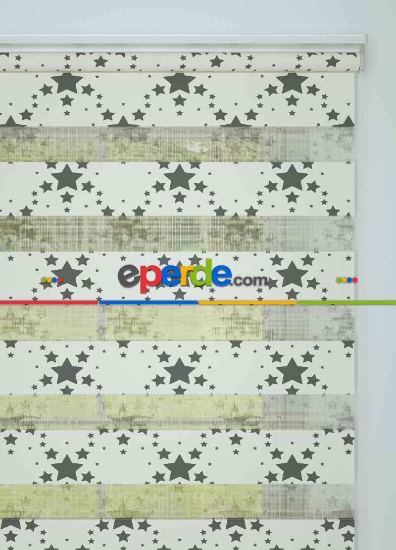 Bebek Odası - Krem Füme Yıldız Desenli Baskılı Zebra Perde