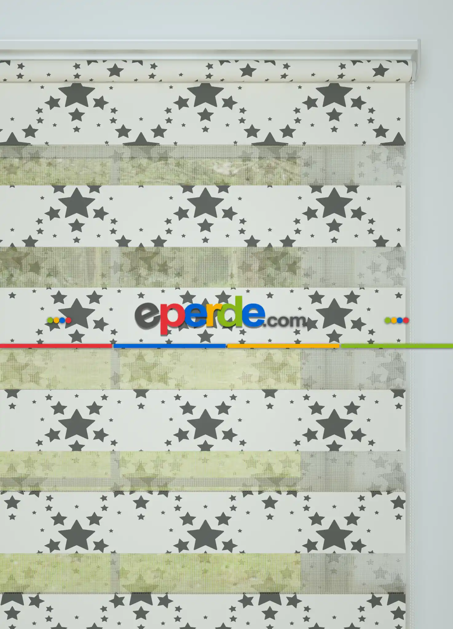 Bebek Odası - Krem Füme Yıldız Desenli Baskılı Zebra Perde