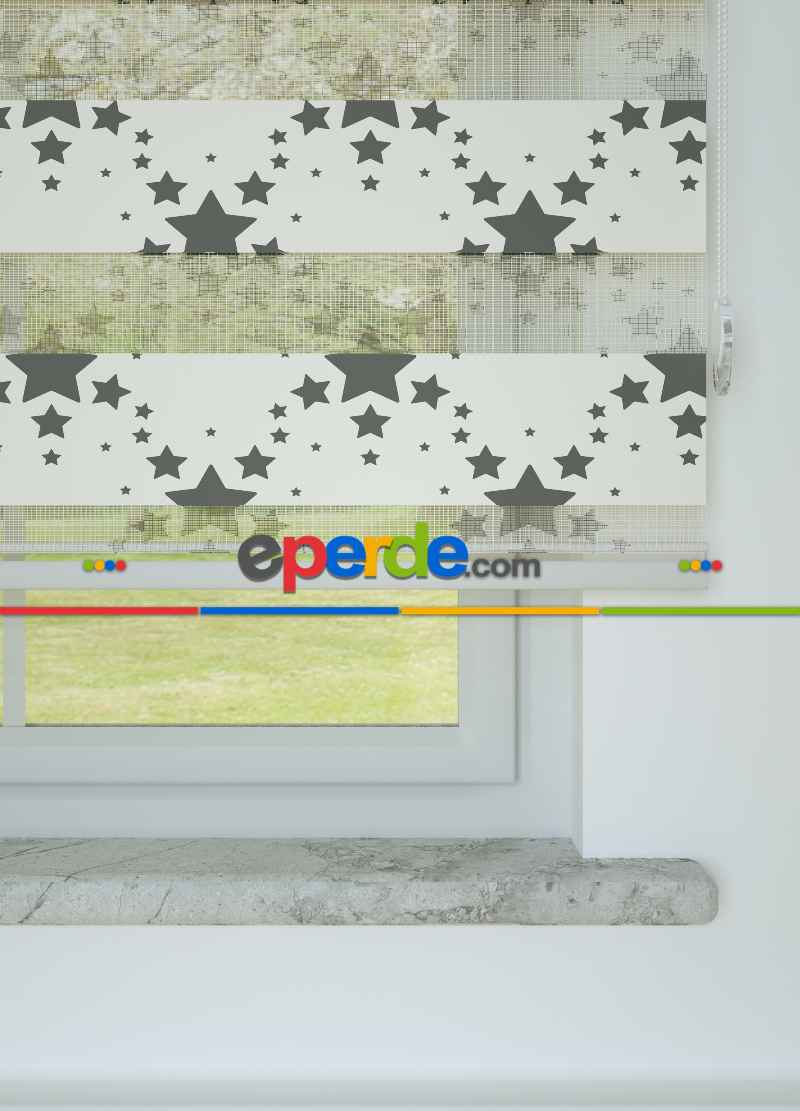 Bebek Odası - Krem Füme Yıldız Desenli Baskılı Zebra Perde