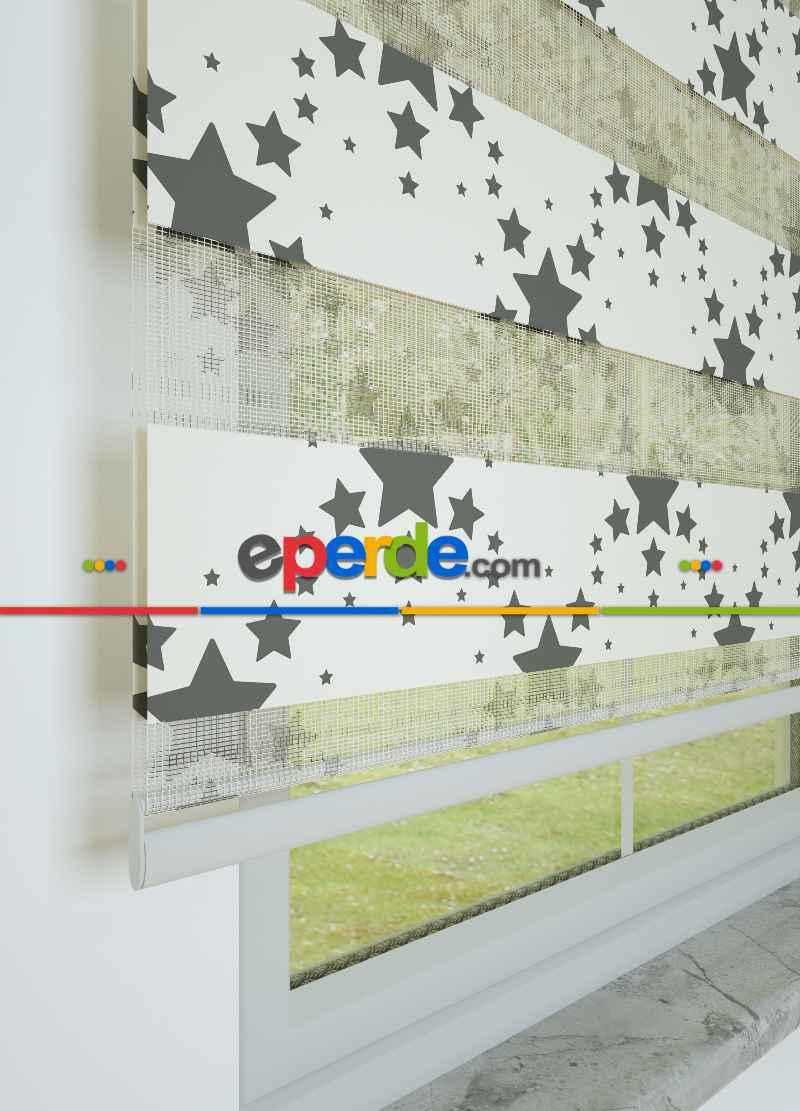 Bebek Odası - Krem Füme Yıldız Desenli Baskılı Zebra Perde