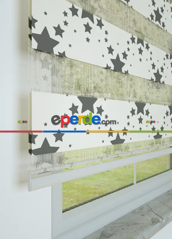 Bebek Odası - Krem Füme Yıldız Desenli Baskılı Zebra Perde