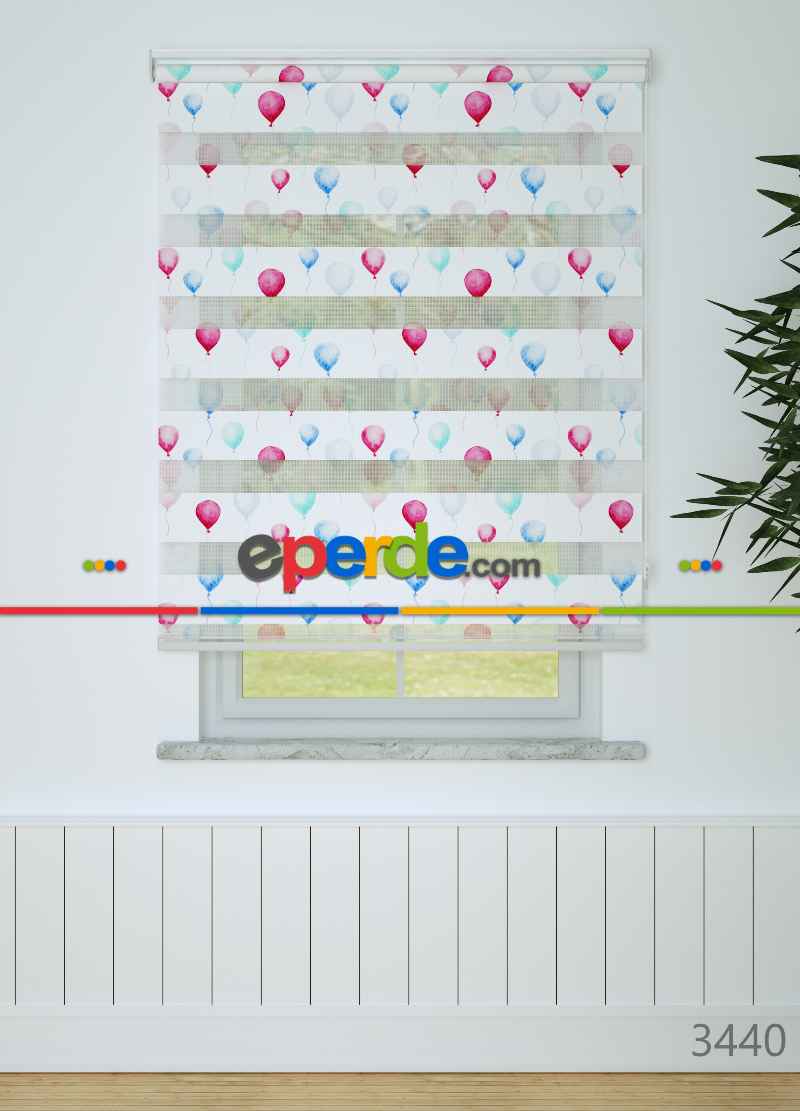 Bebek Odası - Mavi Pembe Balon Desenli Baskılı Zebra Perde