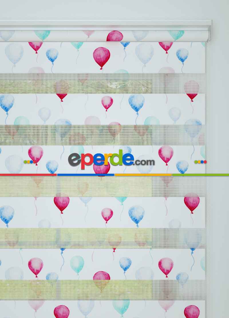 Bebek Odası - Mavi Pembe Balon Desenli Baskılı Zebra Perde