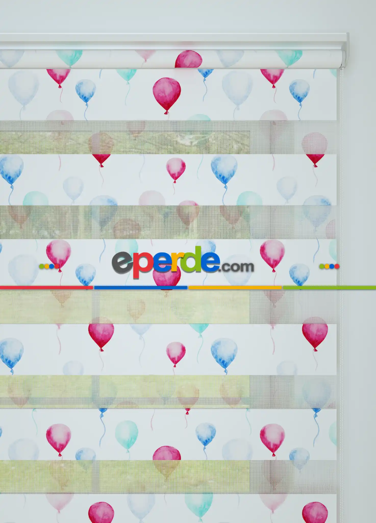 Bebek Odası - Mavi Pembe Balon Desenli Baskılı Zebra Perde