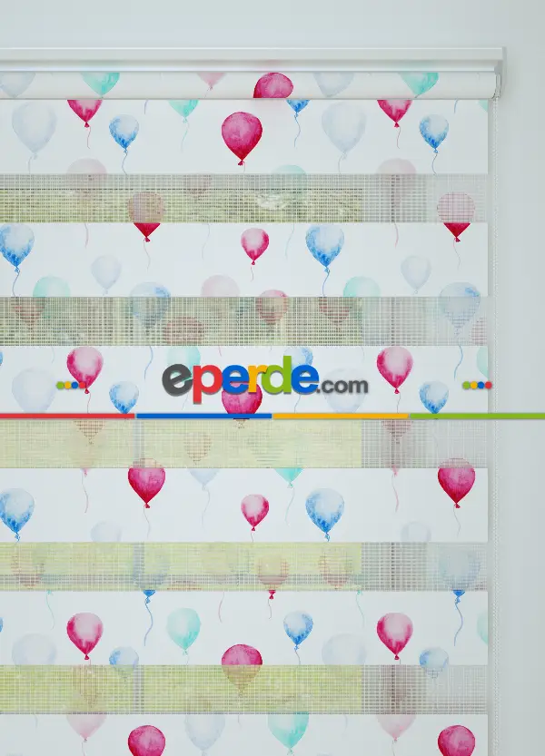 Bebek Odası - Mavi Pembe Balon Desenli Baskılı Zebra Perde