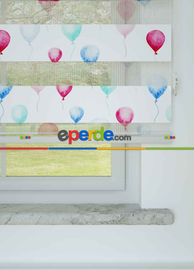 Bebek Odası - Mavi Pembe Balon Desenli Baskılı Zebra Perde