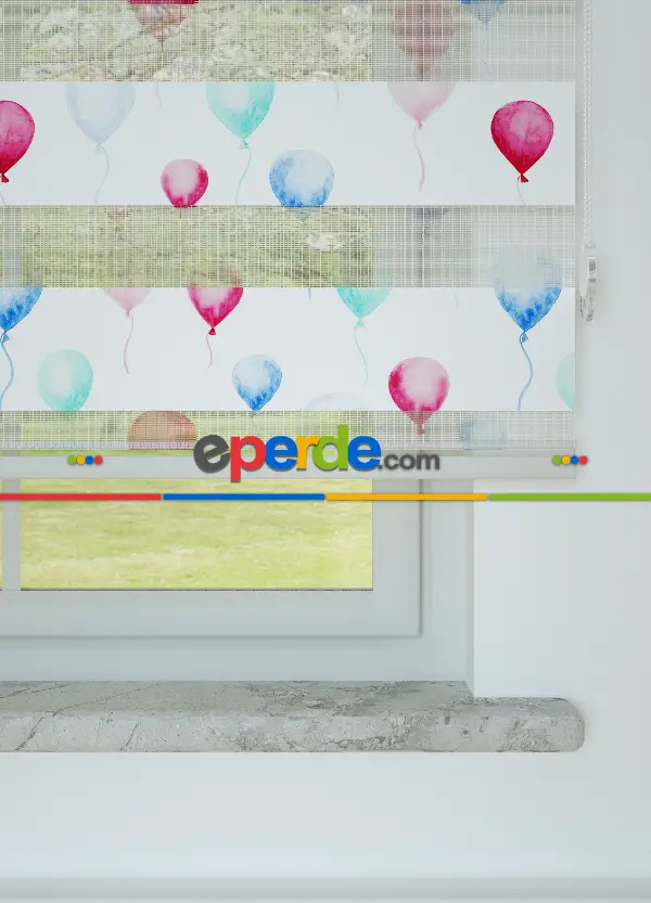 Bebek Odası - Mavi Pembe Balon Desenli Baskılı Zebra Perde