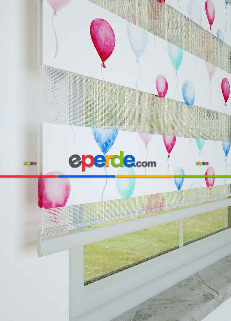 Bebek Odası - Mavi Pembe Balon Desenli Baskılı Zebra Perde