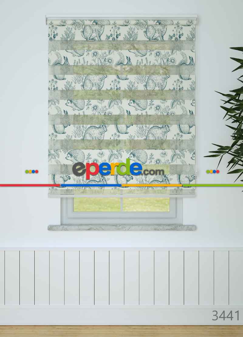 Bebek Odası - Yeşilimsi Lacivert Tavşan Ve Çiçek Desenli Baskılı Zebra Perde