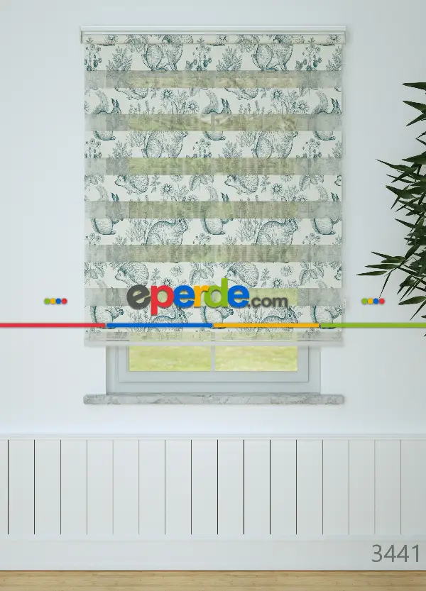 Bebek Odası - Yeşilimsi Lacivert Tavşan Ve Çiçek Desenli Baskılı Zebra Perde